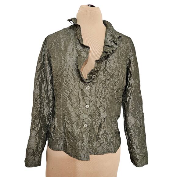 Chico's Olive Green Jacket Crinkle Textured Womens Medium Ruffled Career Mature - Picture 1 of 13